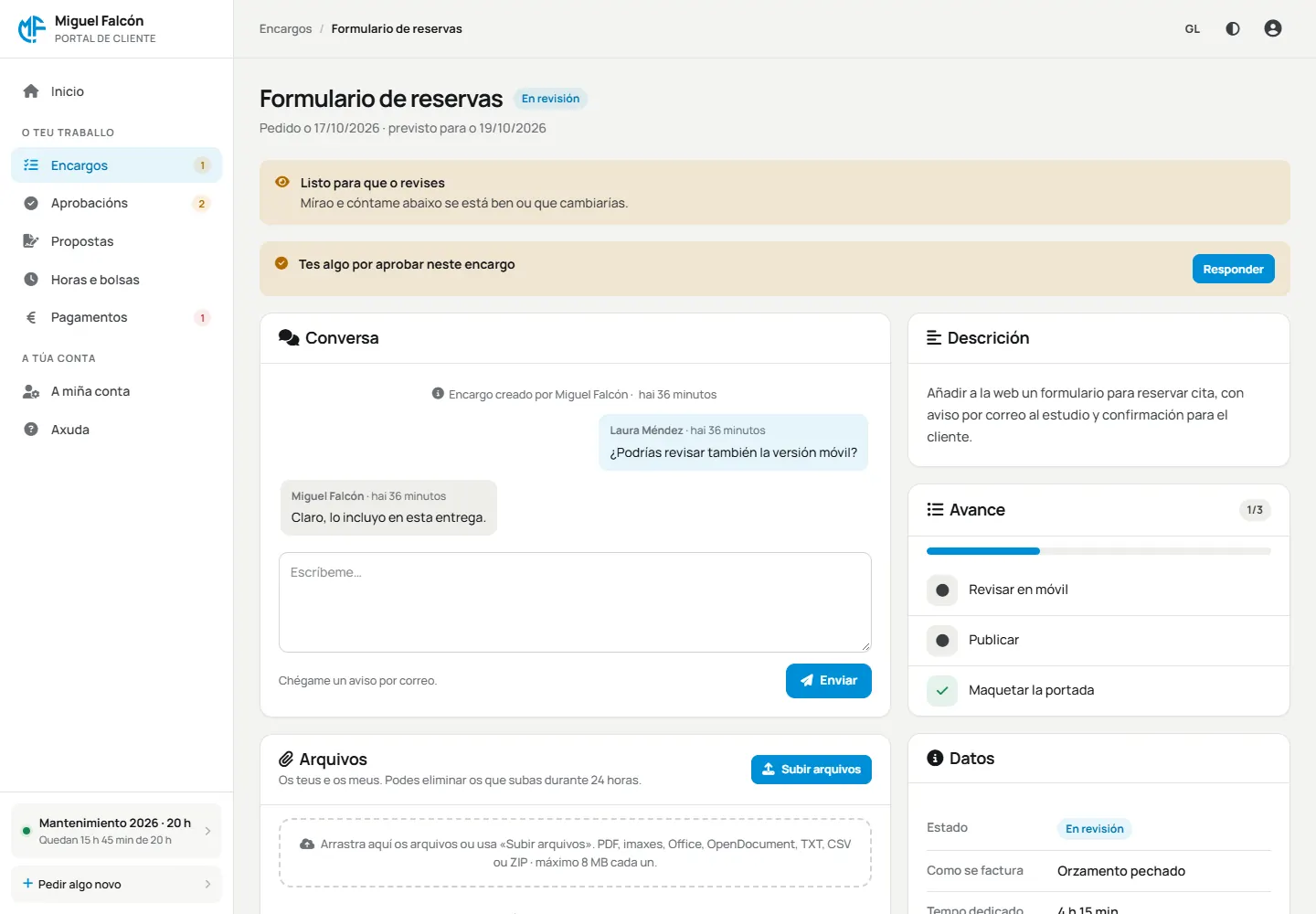 Un encargo no portal de cliente: o seu estado, a conversa, o avance e os arquivos