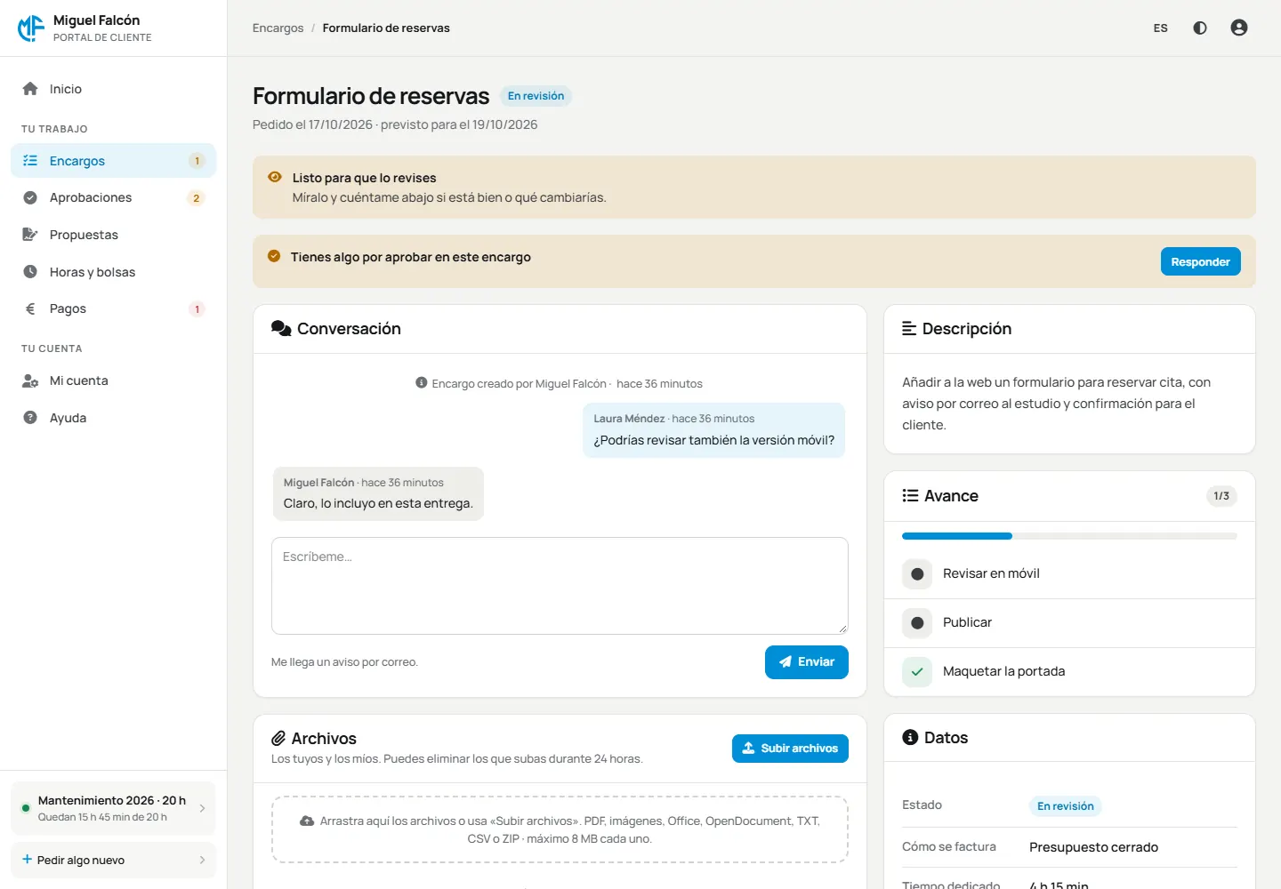 Un encargo en el portal de cliente: su estado, la conversación, el avance y los archivos