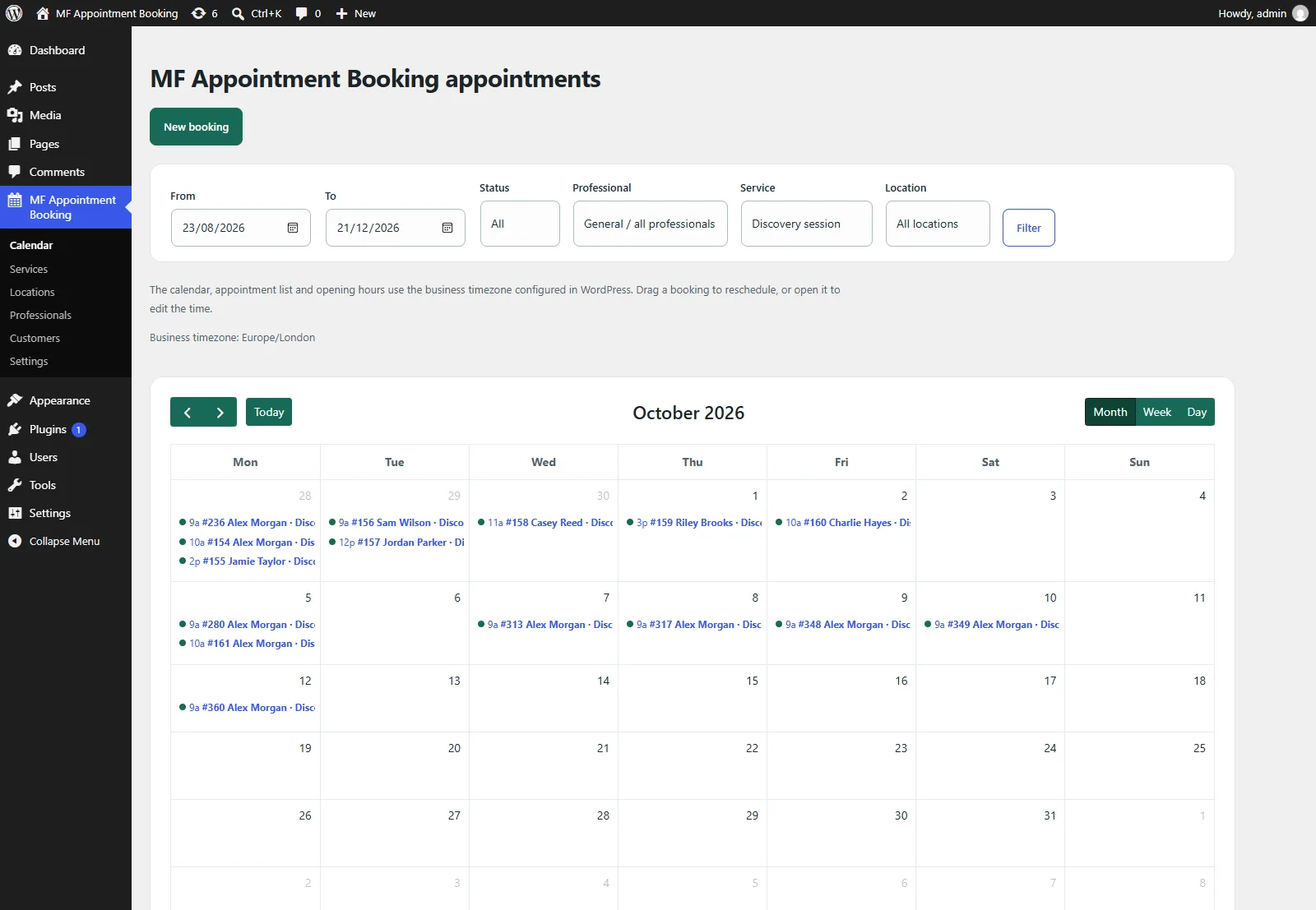 Calendario de administraci&oacute;n con filtros por servizo, profesional ou localizaci&oacute;n.